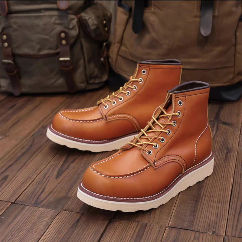 875 Vintage British Men Casual Ankle Boots Cow Leather Shoes Wings Tooling Handmade Autumn Winter Work Motorcycle Boots Red