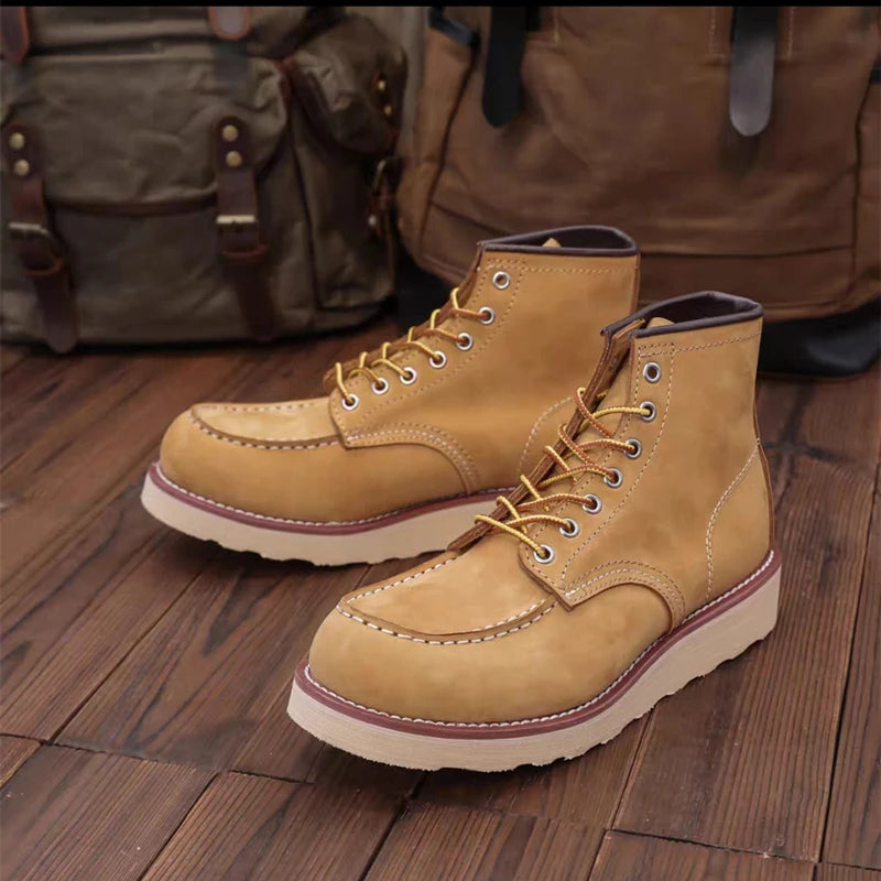 875 Vintage British Men Casual Ankle Boots Cow Leather Shoes Wings Tooling Handmade Autumn Winter Work Motorcycle Boots Red