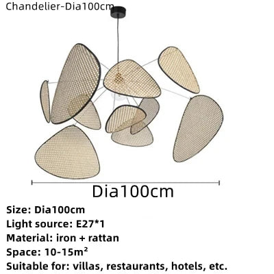 Japanese Wabi-sabi Rattan Pendant Light Dining Room Handmade Rattan Led Chandelier Bedroom Home Decor Leaf Grid Screen Droplight