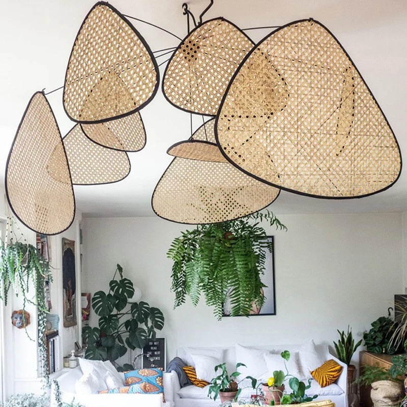Japanese Wabi-sabi Rattan Pendant Light Dining Room Handmade Rattan Led Chandelier Bedroom Home Decor Leaf Grid Screen Droplight