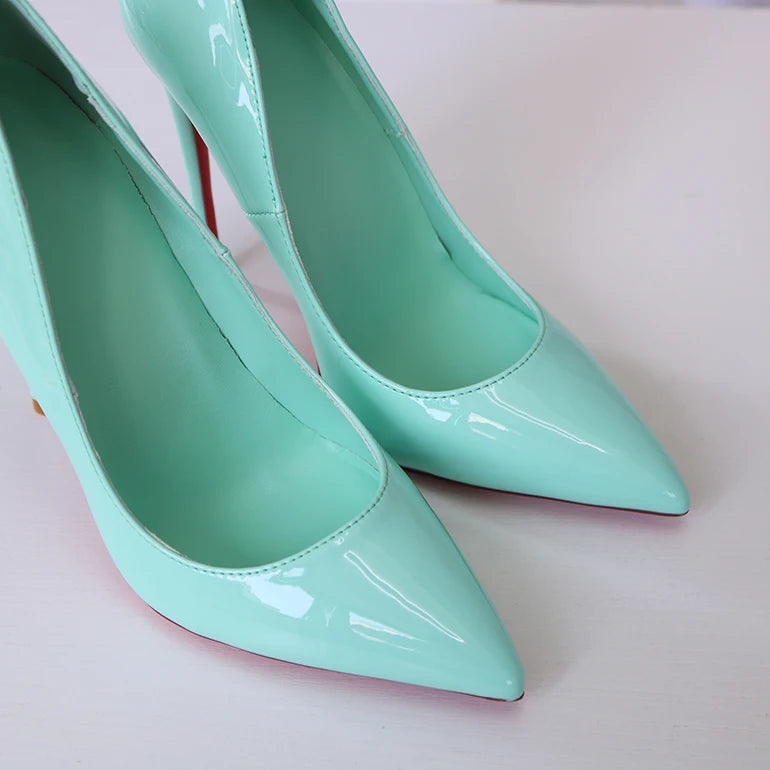 Spring New Light Green Lacquer Leather Pointed High Heels Single Red Sole Shoes Shallow Mouth Nightclub French Size 13CM