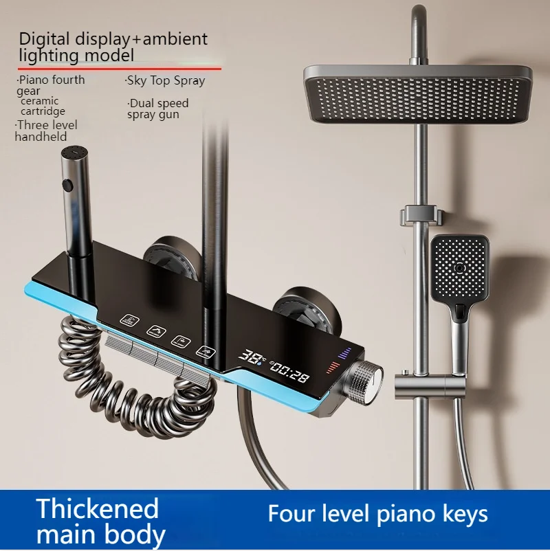 Grey Bathroom Shower Set Ambient Light Showers System Set  Digital Display Piano Button With  Faucets Shower Head