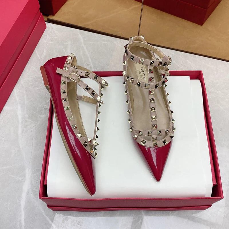 2025 New Pointed Toe Flat Shoes for Women Luxury Gladiator Metal Rivet Ballet Flats Comfortable Fashion Breathable Casual Shoes