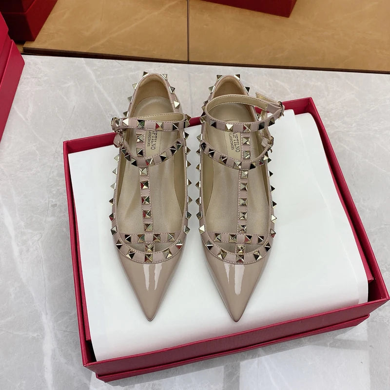 2025 New Pointed Toe Flat Shoes for Women Luxury Gladiator Metal Rivet Ballet Flats Comfortable Fashion Breathable Casual Shoes