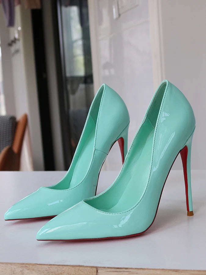Spring New Light Green Lacquer Leather Pointed High Heels Single Red Sole Shoes Shallow Mouth Nightclub French Size 13CM