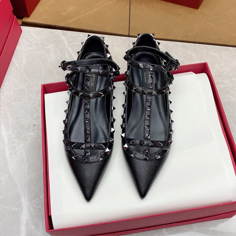 2025 New Pointed Toe Flat Shoes for Women Luxury Gladiator Metal Rivet Ballet Flats Comfortable Fashion Breathable Casual Shoes