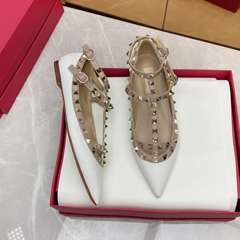2025 New Pointed Toe Flat Shoes for Women Luxury Gladiator Metal Rivet Ballet Flats Comfortable Fashion Breathable Casual Shoes