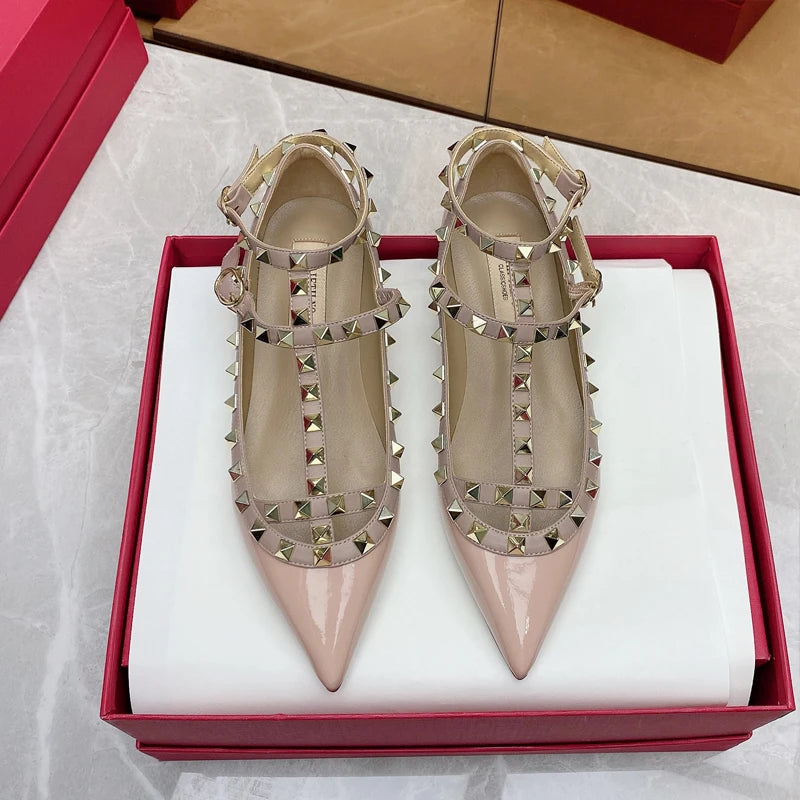 2025 New Pointed Toe Flat Shoes for Women Luxury Gladiator Metal Rivet Ballet Flats Comfortable Fashion Breathable Casual Shoes