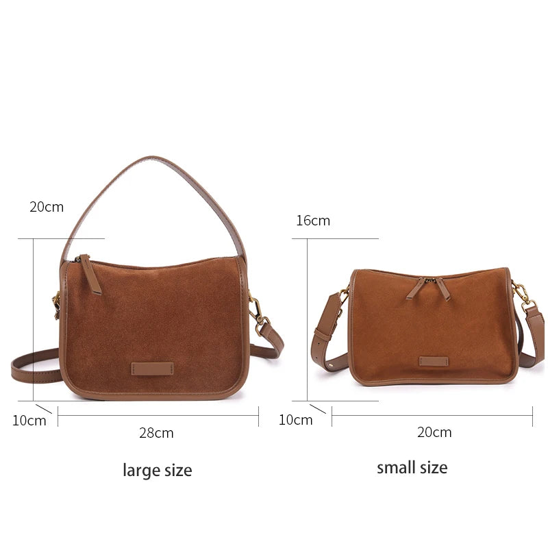 Retro Women Genuine Suede Cowhide Leather Crossbody Bag Large Capacity Soft Wearable Cow Shoulder Travel Bag With Double Zipper