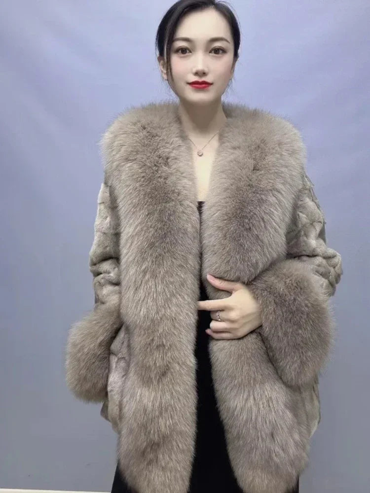 Big Collar Coat Fox Fur Jacket 2024 Autumn Winter Women Real Mink Fur Outerwear High Quality Luxury Warm Middle Length Cardigan