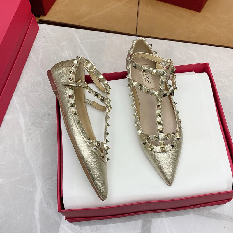 2025 New Pointed Toe Flat Shoes for Women Luxury Gladiator Metal Rivet Ballet Flats Comfortable Fashion Breathable Casual Shoes