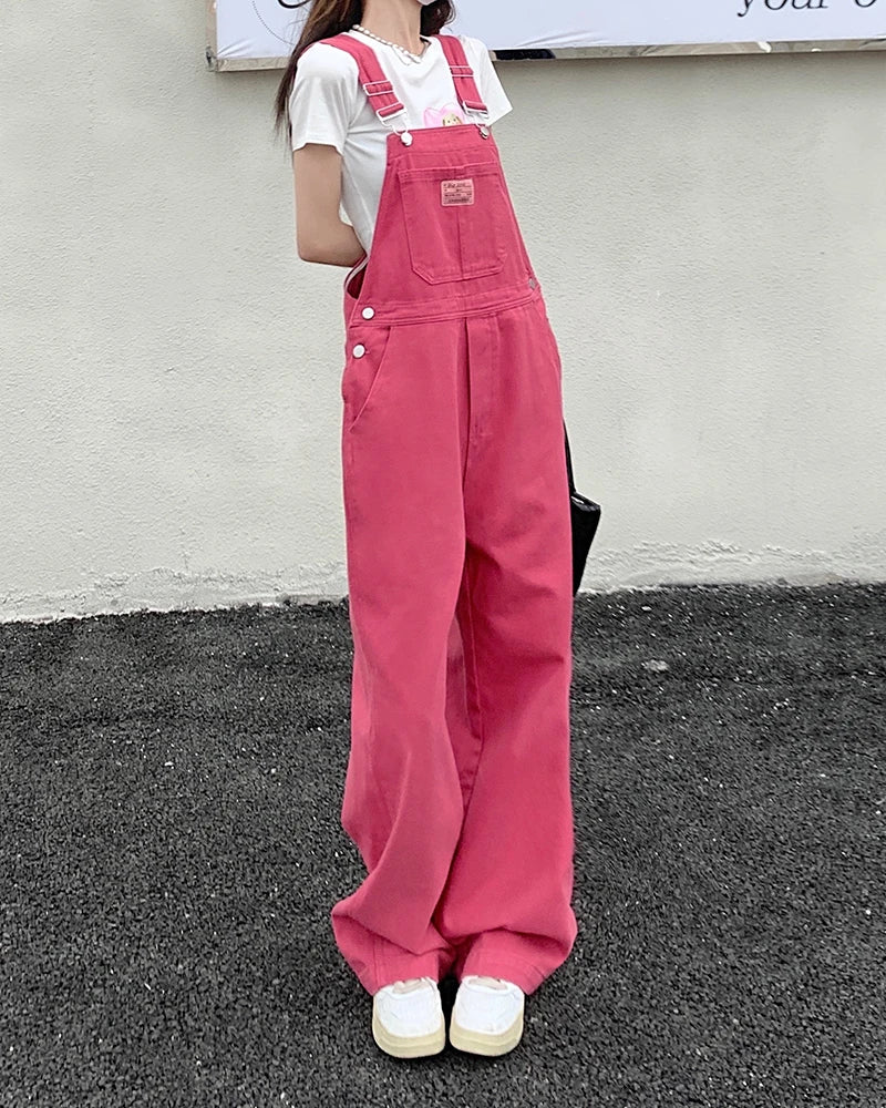 XS-XL jean womens Summer Preppy Style loose Girls Pink wide leg trousers jumpsuit korean casual denim overalls womens(78891