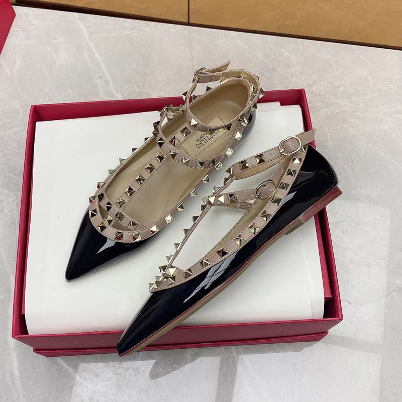 2025 New Pointed Toe Flat Shoes for Women Luxury Gladiator Metal Rivet Ballet Flats Comfortable Fashion Breathable Casual Shoes