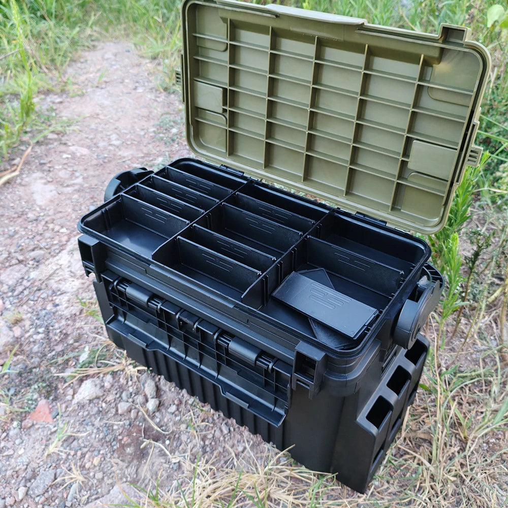 1-piece set of large lure fishing box - double layered fishing box+integrated double pole stand+water cup holder