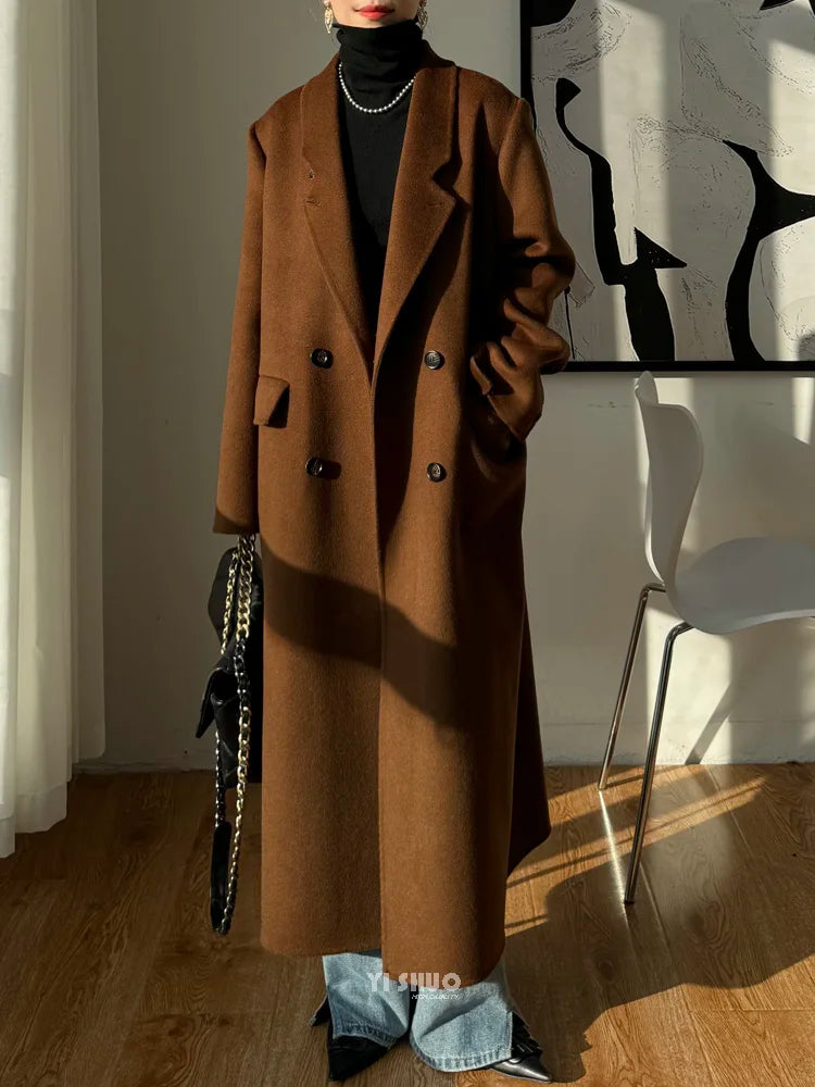2025 Winter New High end Brown Double sided Wool Coat Women Long Stand up Collar Shoulder Straight Tube Woolen Coat for Women
