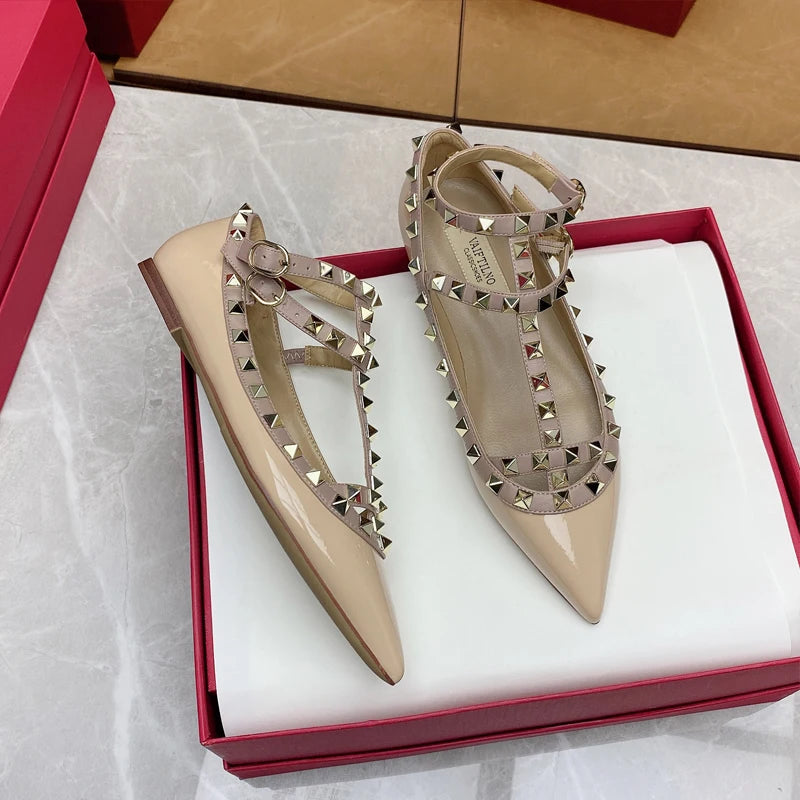 2025 New Pointed Toe Flat Shoes for Women Luxury Gladiator Metal Rivet Ballet Flats Comfortable Fashion Breathable Casual Shoes
