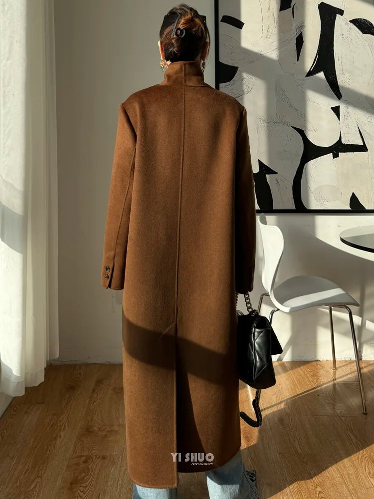 2025 Winter New High end Brown Double sided Wool Coat Women Long Stand up Collar Shoulder Straight Tube Woolen Coat for Women