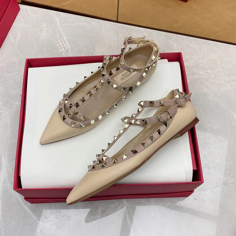 2025 New Pointed Toe Flat Shoes for Women Luxury Gladiator Metal Rivet Ballet Flats Comfortable Fashion Breathable Casual Shoes