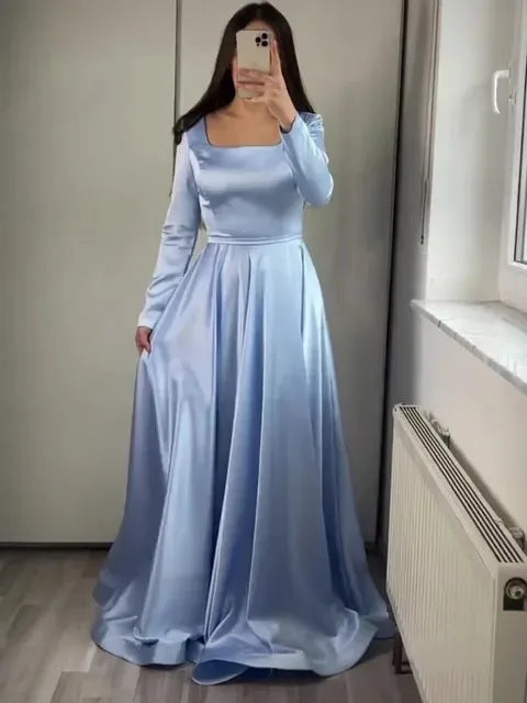 FDHAOLU Dark Green Satin Evening Dress for Wedding Party Long Sleeve Square Neck Prom Party Gown vestidos de noche Customized