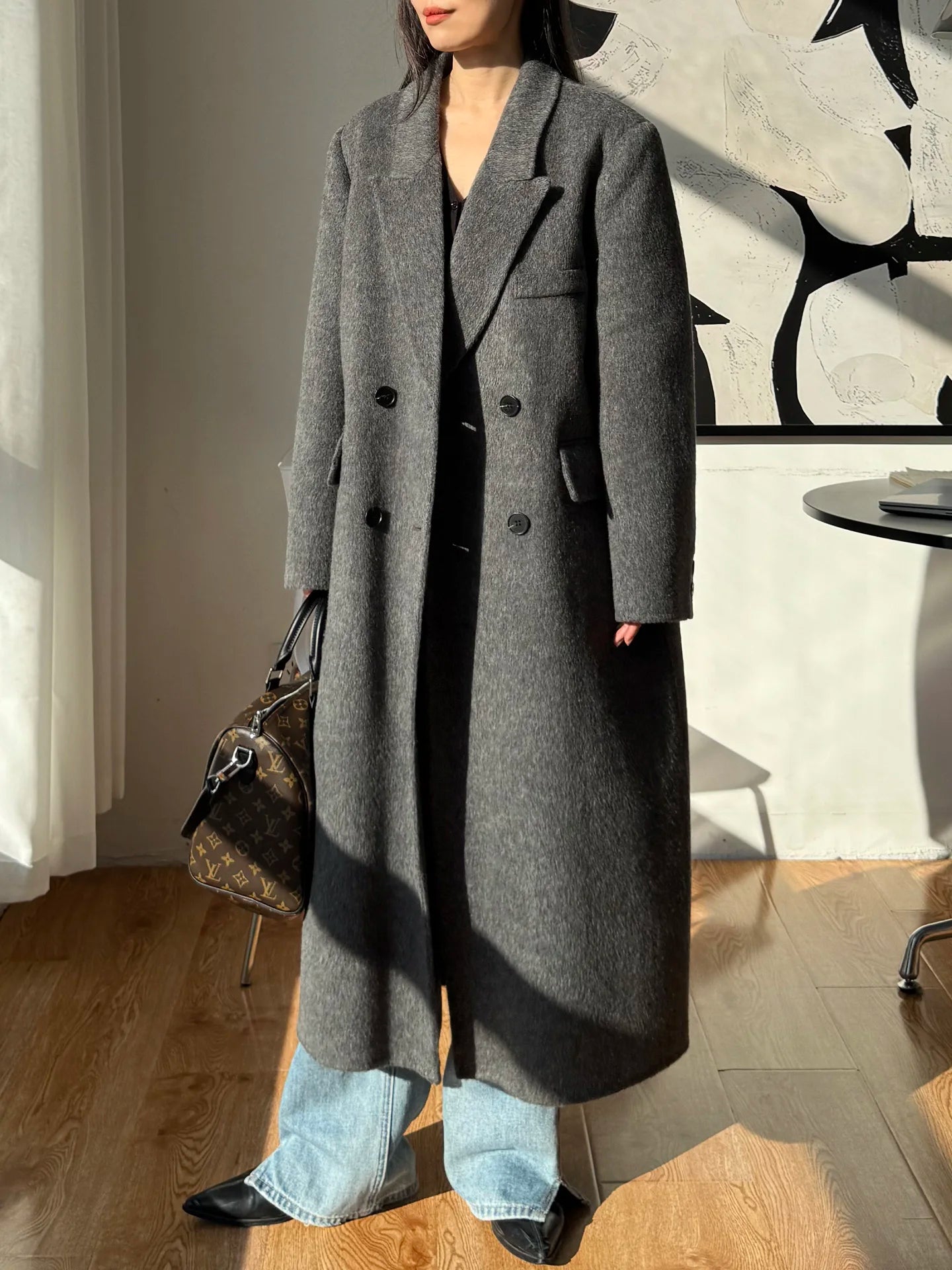 2025 Winter New High end Brown Double sided Wool Coat Women Long Stand up Collar Shoulder Straight Tube Woolen Coat for Women