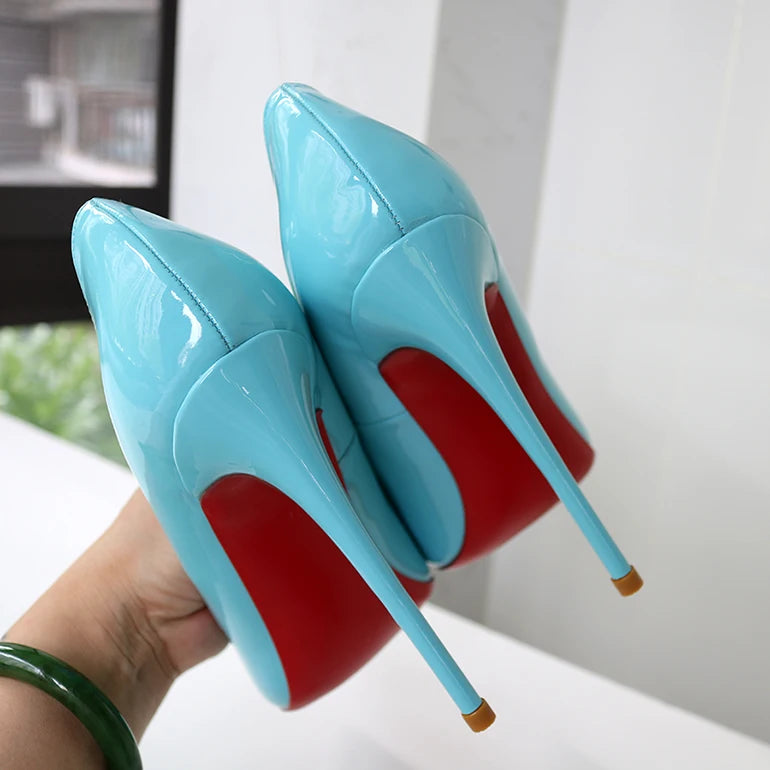 Spring New Light Green Lacquer Leather Pointed High Heels Single Red Sole Shoes Shallow Mouth Nightclub French Size 13CM