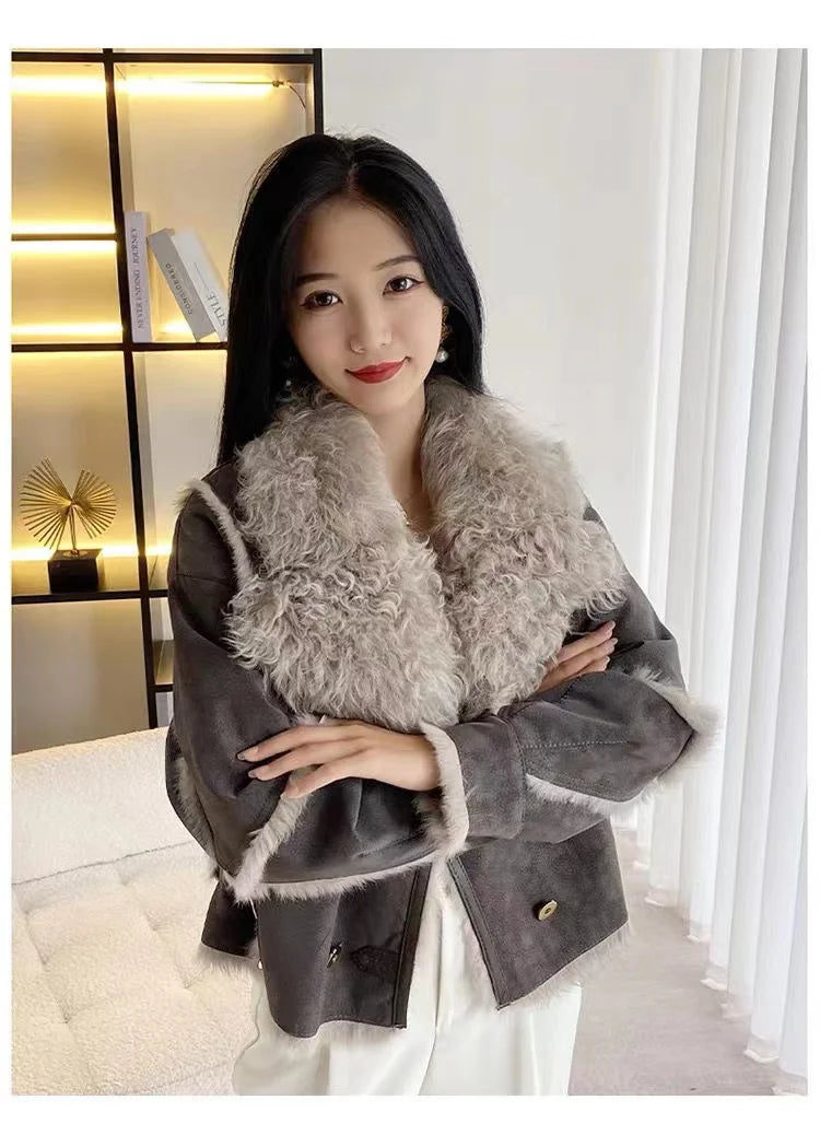 2024 Sprng and Aumn Sort Fur Women's Sheskin Jcket, Taned Sede Fabric, 100% Ntural Rbbit ur Liing, Luxrious And F