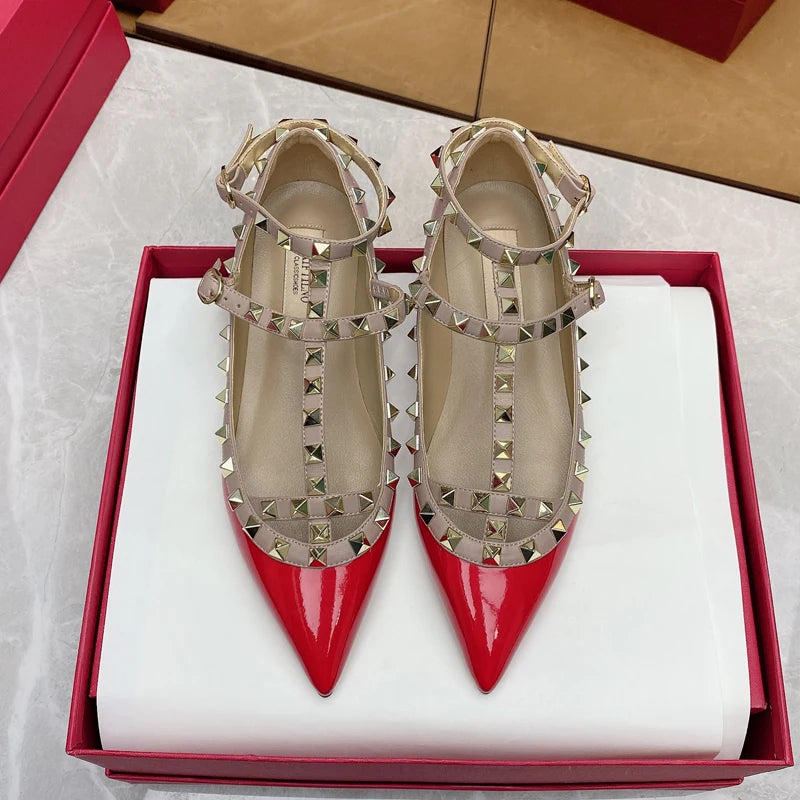 2025 New Pointed Toe Flat Shoes for Women Luxury Gladiator Metal Rivet Ballet Flats Comfortable Fashion Breathable Casual Shoes