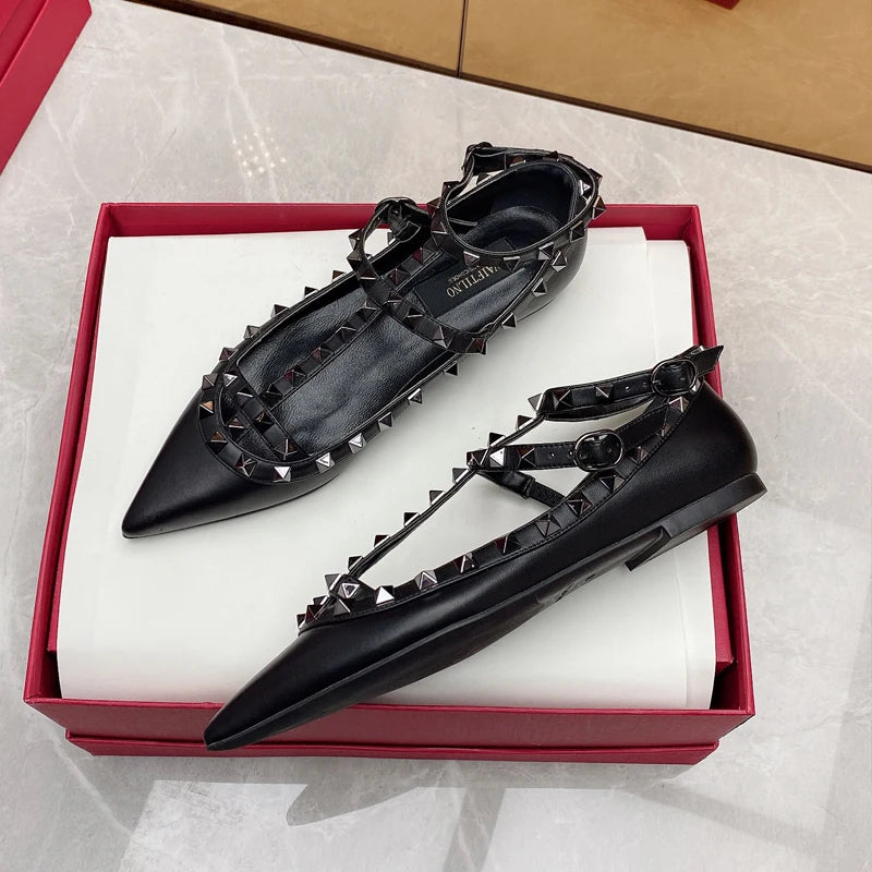2025 New Pointed Toe Flat Shoes for Women Luxury Gladiator Metal Rivet Ballet Flats Comfortable Fashion Breathable Casual Shoes