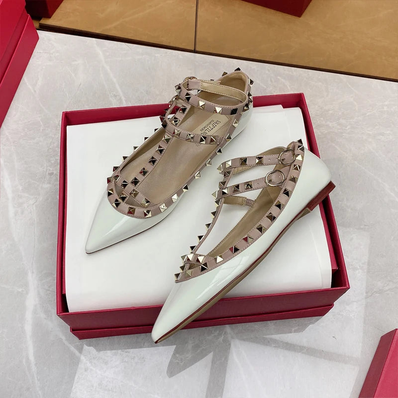 2025 New Pointed Toe Flat Shoes for Women Luxury Gladiator Metal Rivet Ballet Flats Comfortable Fashion Breathable Casual Shoes