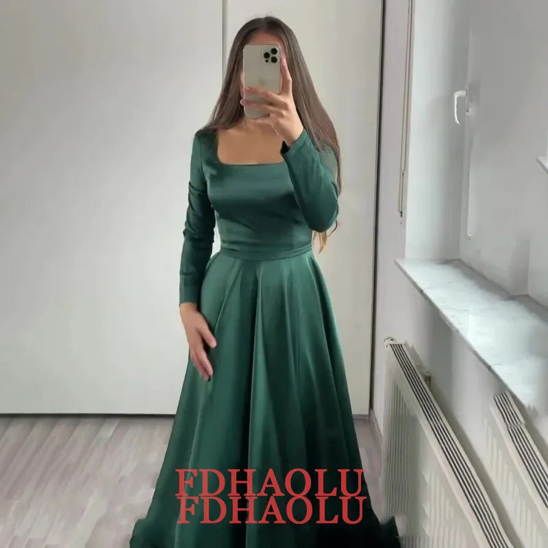 FDHAOLU Dark Green Satin Evening Dress for Wedding Party Long Sleeve Square Neck Prom Party Gown vestidos de noche Customized