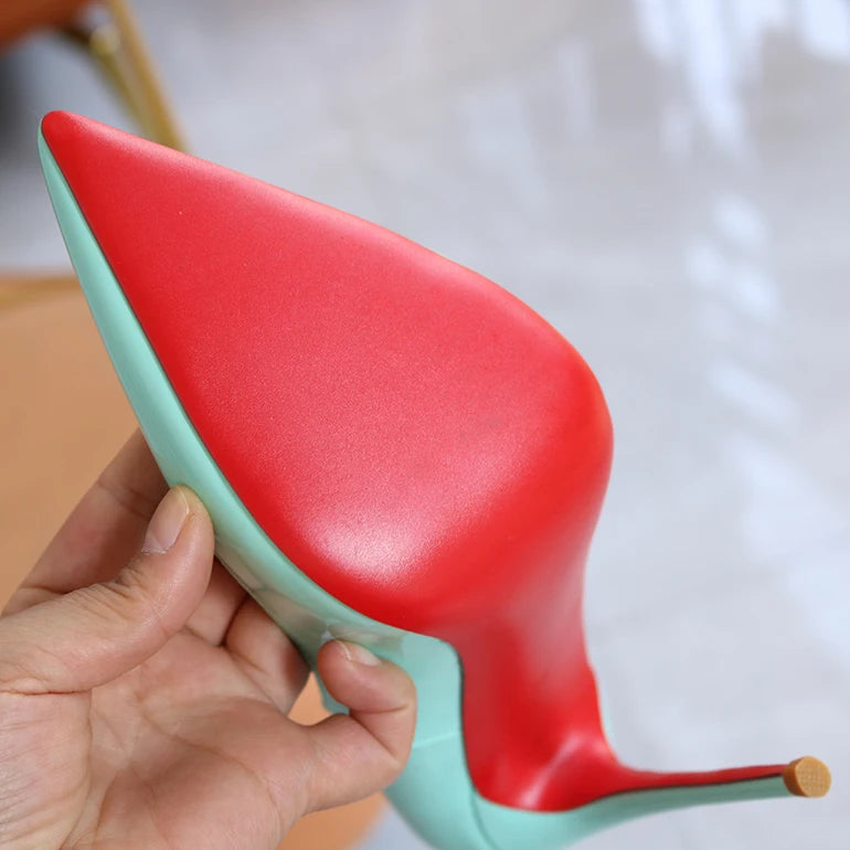 Spring New Light Green Lacquer Leather Pointed High Heels Single Red Sole Shoes Shallow Mouth Nightclub French Size 13CM