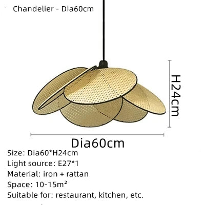 Japanese Wabi-sabi Rattan Pendant Light Dining Room Handmade Rattan Led Chandelier Bedroom Home Decor Leaf Grid Screen Droplight
