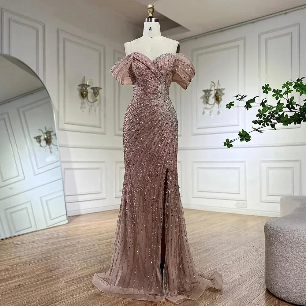 Serene Hill 2024 Off Shoulder Pink Mermaid Beaded Luxury Evening Dress with Side Split Formal Occasion Saudi Customize BLA72481
