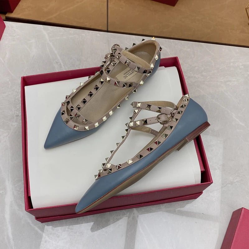 2025 New Pointed Toe Flat Shoes for Women Luxury Gladiator Metal Rivet Ballet Flats Comfortable Fashion Breathable Casual Shoes