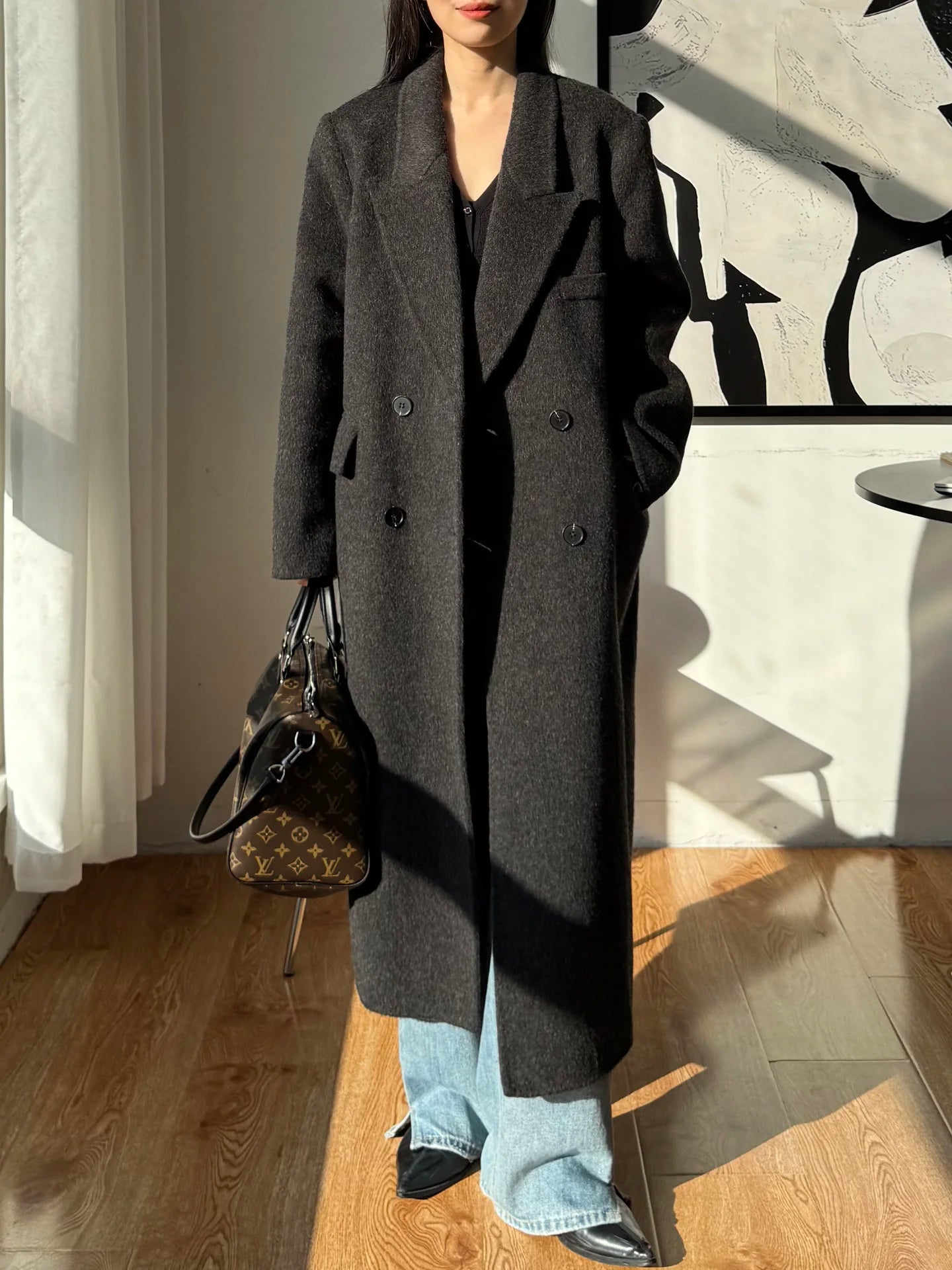 2025 Winter New High end Brown Double sided Wool Coat Women Long Stand up Collar Shoulder Straight Tube Woolen Coat for Women