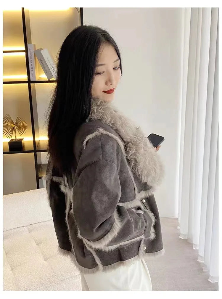 2024 Sprng and Aumn Sort Fur Women's Sheskin Jcket, Taned Sede Fabric, 100% Ntural Rbbit ur Liing, Luxrious And F