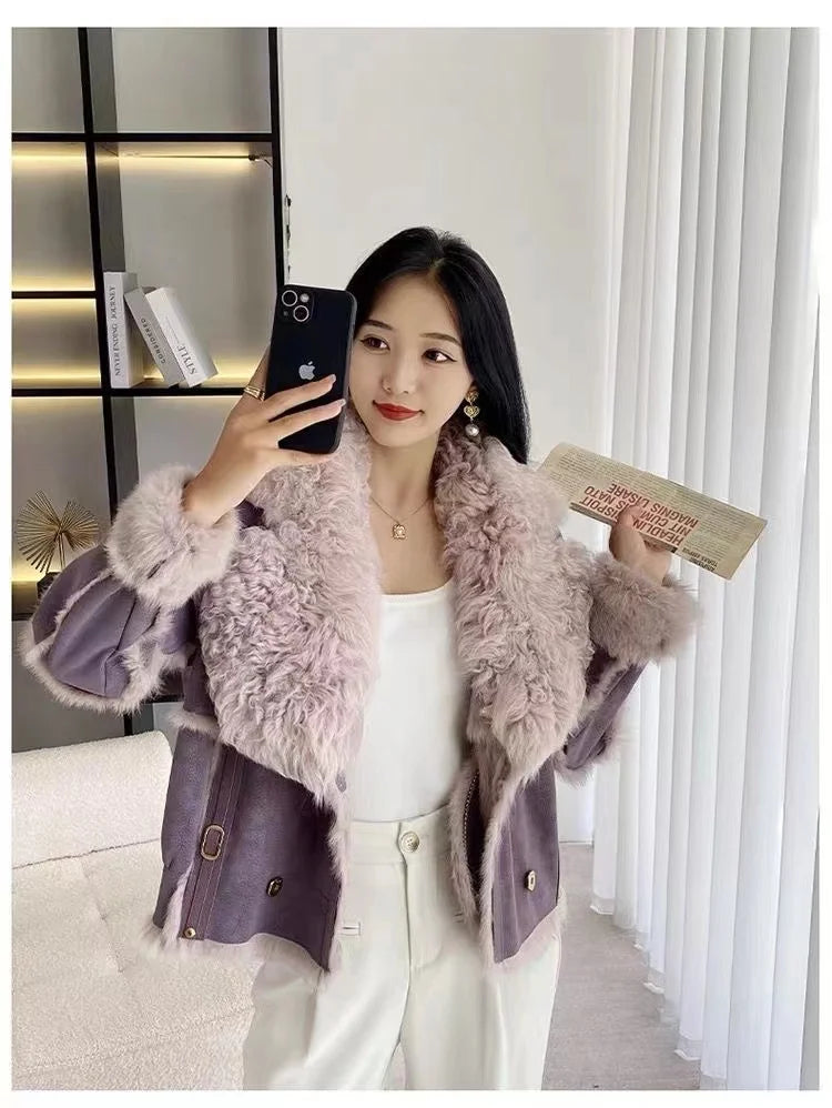 2024 Sprng and Aumn Sort Fur Women's Sheskin Jcket, Taned Sede Fabric, 100% Ntural Rbbit ur Liing, Luxrious And F