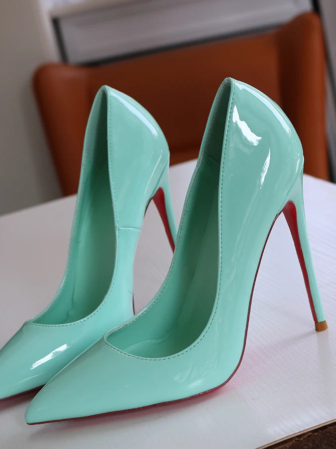 Spring New Light Green Lacquer Leather Pointed High Heels Single Red Sole Shoes Shallow Mouth Nightclub French Size 13CM