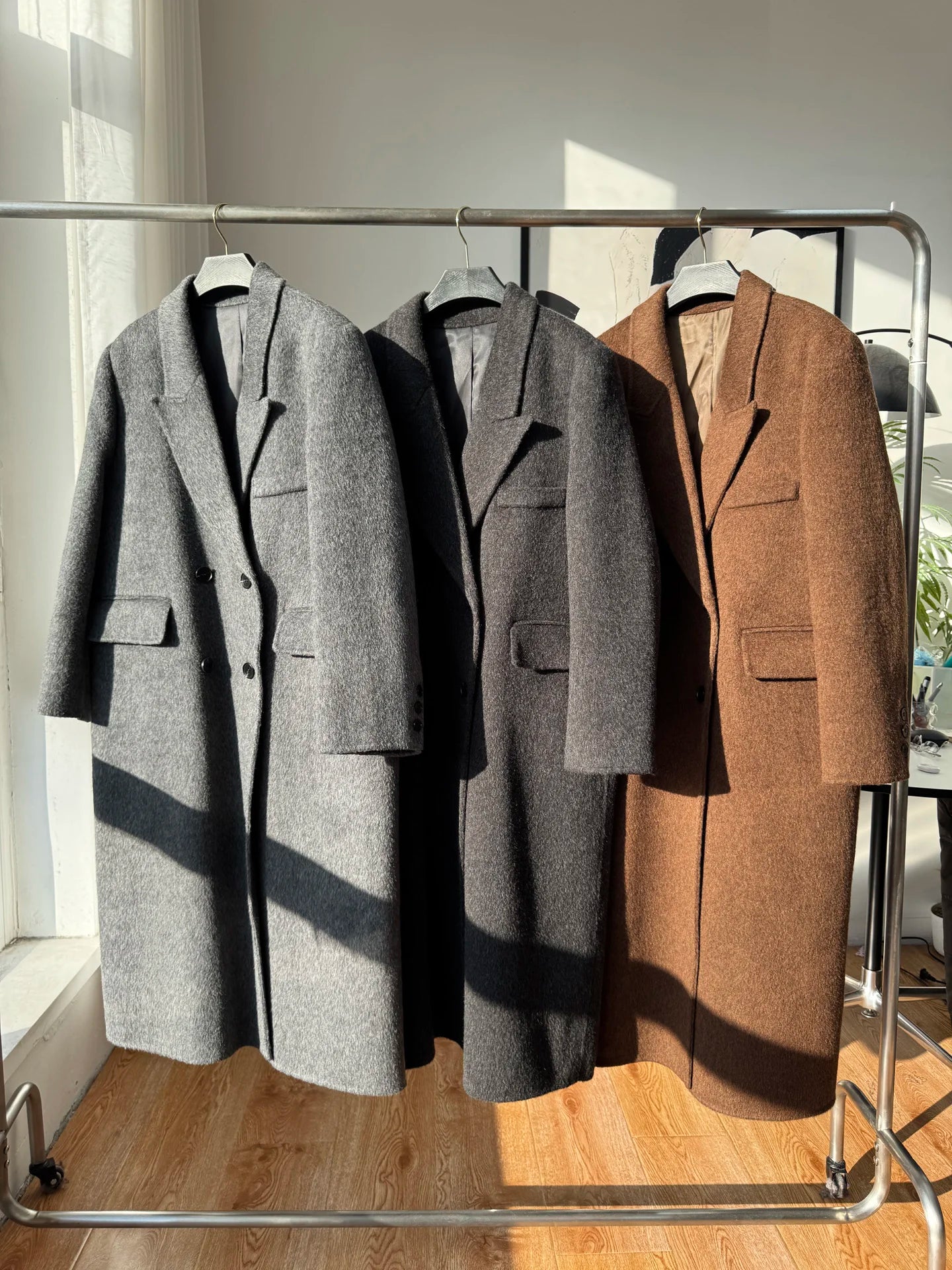 2025 Winter New High end Brown Double sided Wool Coat Women Long Stand up Collar Shoulder Straight Tube Woolen Coat for Women