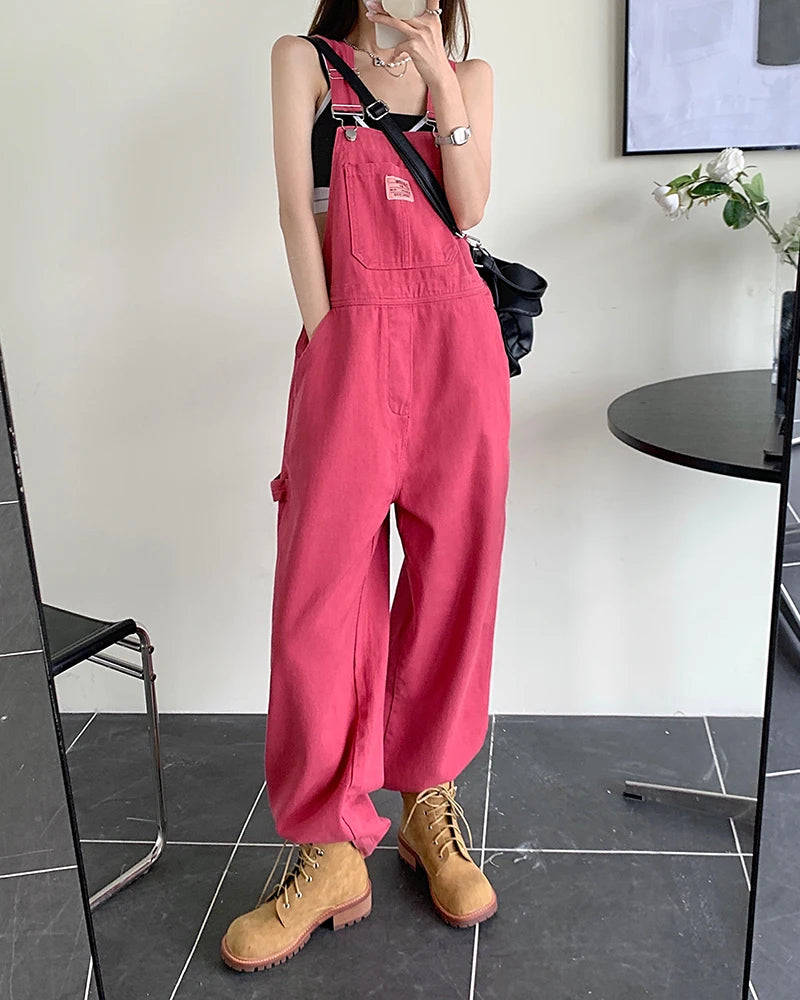 XS-XL jean womens Summer Preppy Style loose Girls Pink wide leg trousers jumpsuit korean casual denim overalls womens(78891