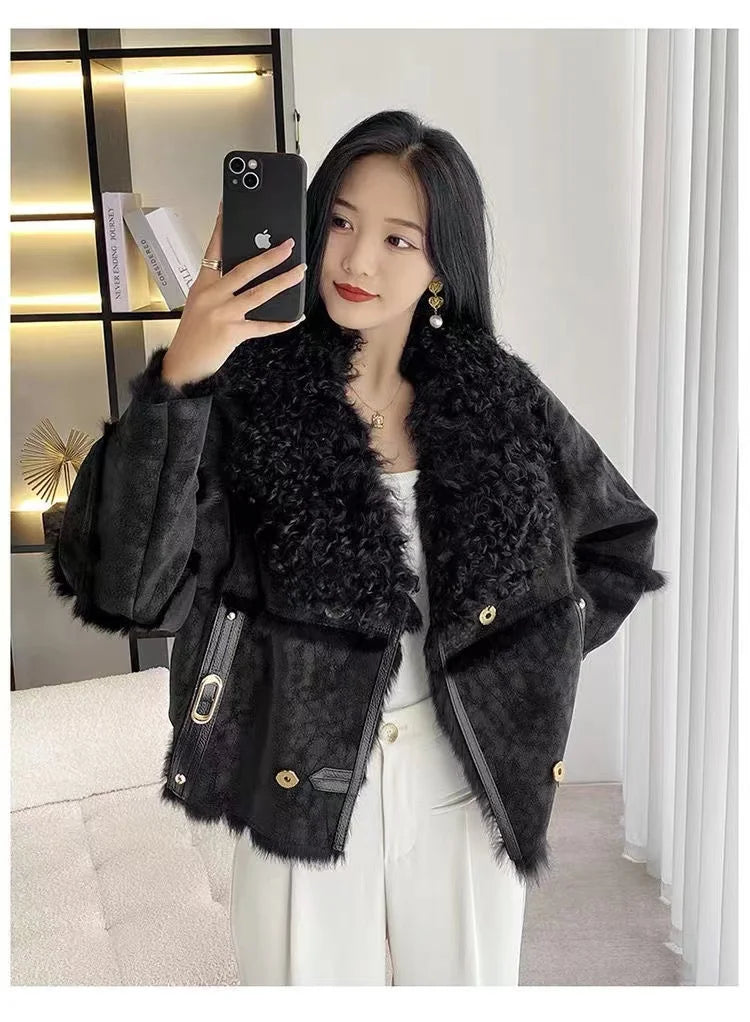 2024 Sprng and Aumn Sort Fur Women's Sheskin Jcket, Taned Sede Fabric, 100% Ntural Rbbit ur Liing, Luxrious And F