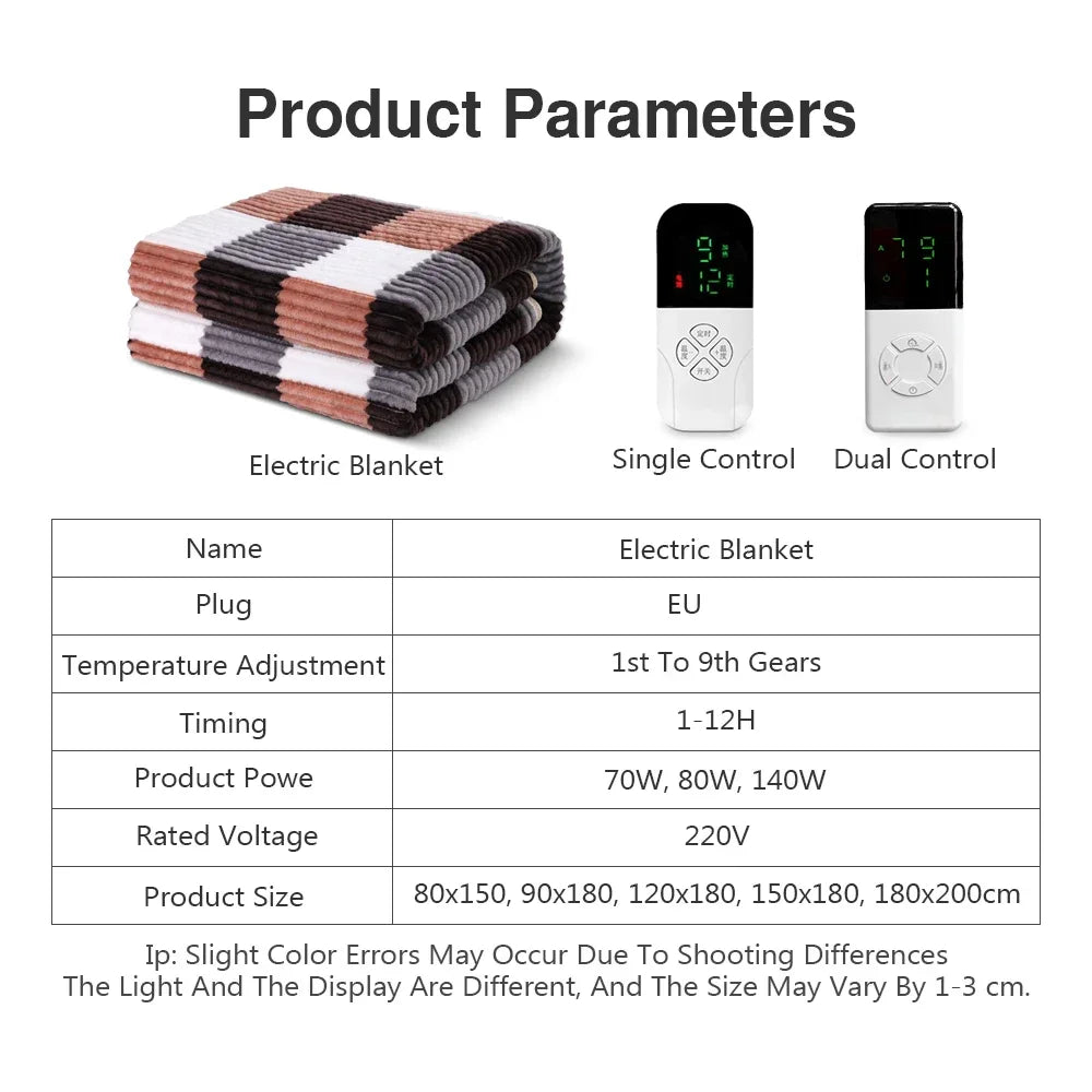 220V Electric Blanket Corduroy Fabric Thicker Heater Warmer Heated Blanket Thermostat 1-9 gears Electric Heating Blanket EU Plug