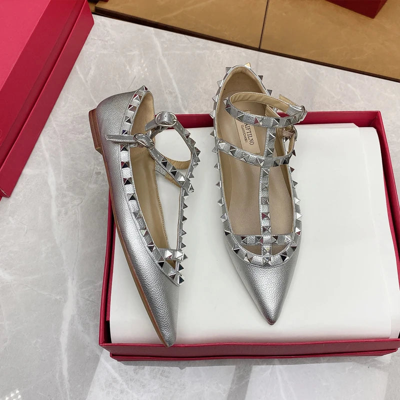 2025 New Pointed Toe Flat Shoes for Women Luxury Gladiator Metal Rivet Ballet Flats Comfortable Fashion Breathable Casual Shoes