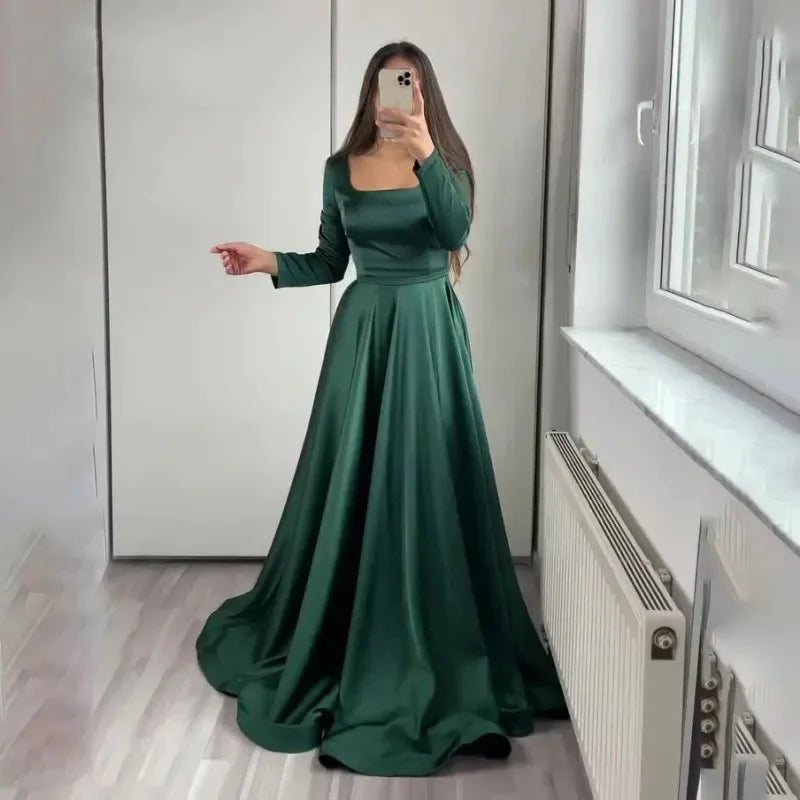 FDHAOLU Dark Green Satin Evening Dress for Wedding Party Long Sleeve Square Neck Prom Party Gown vestidos de noche Customized