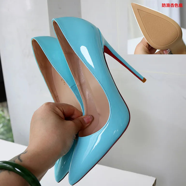 Spring New Light Green Lacquer Leather Pointed High Heels Single Red Sole Shoes Shallow Mouth Nightclub French Size 13CM