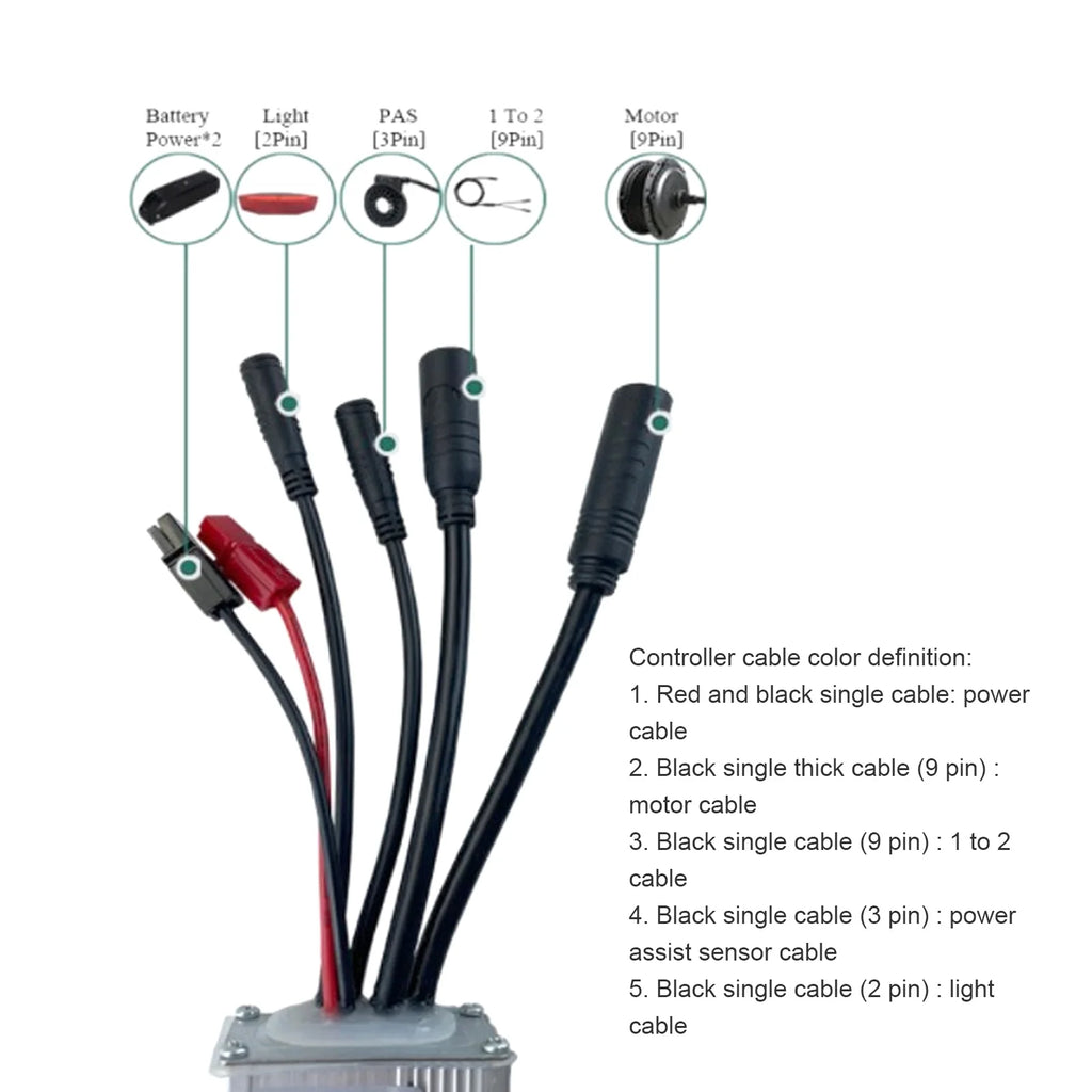 Electric Bike Motor Controller 15A Common Speed Controller 36V 48V with GD01 Panel 1 to 2 Cable Fully Waterproof Kit