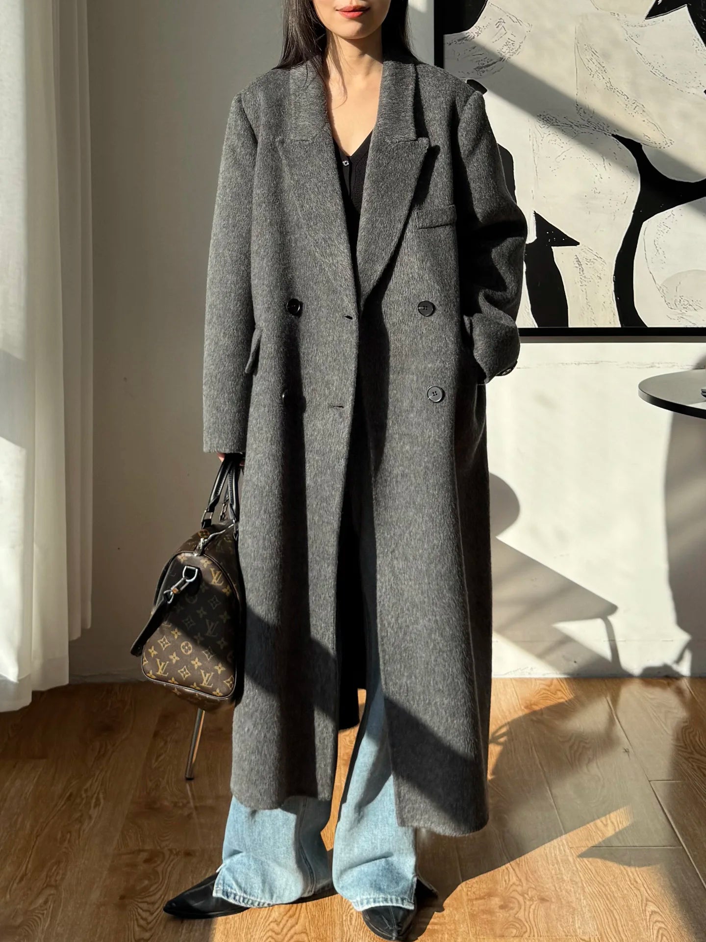 2025 Winter New High end Brown Double sided Wool Coat Women Long Stand up Collar Shoulder Straight Tube Woolen Coat for Women