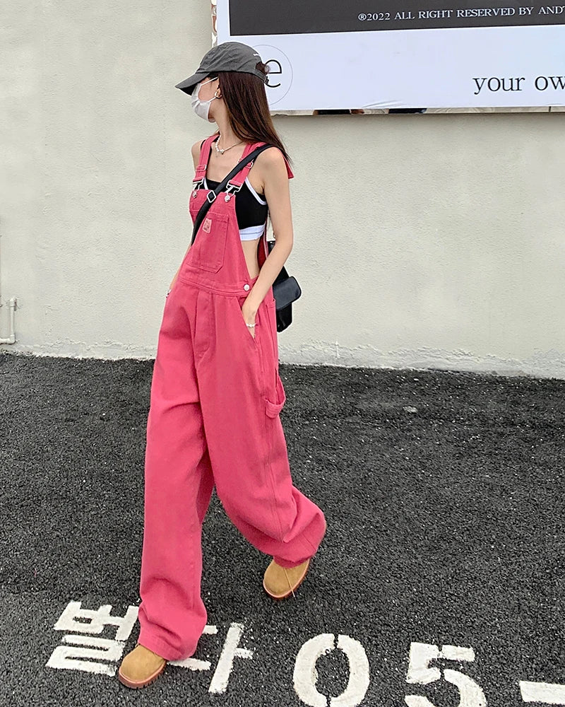 XS-XL jean womens Summer Preppy Style loose Girls Pink wide leg trousers jumpsuit korean casual denim overalls womens(78891