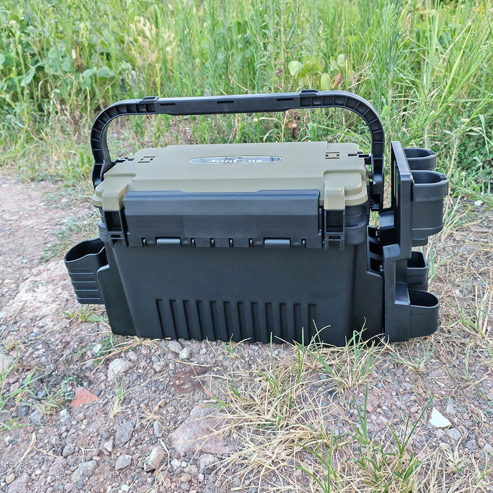 1-piece set of large lure fishing box - double layered fishing box+integrated double pole stand+water cup holder