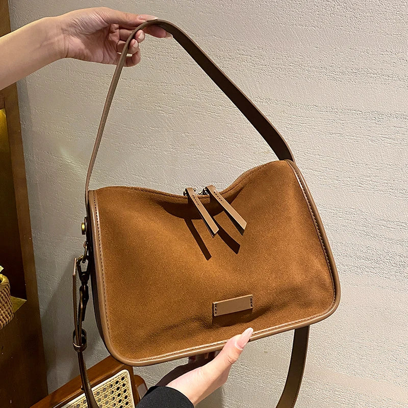 Retro Women Genuine Suede Cowhide Leather Crossbody Bag Large Capacity Soft Wearable Cow Shoulder Travel Bag With Double Zipper